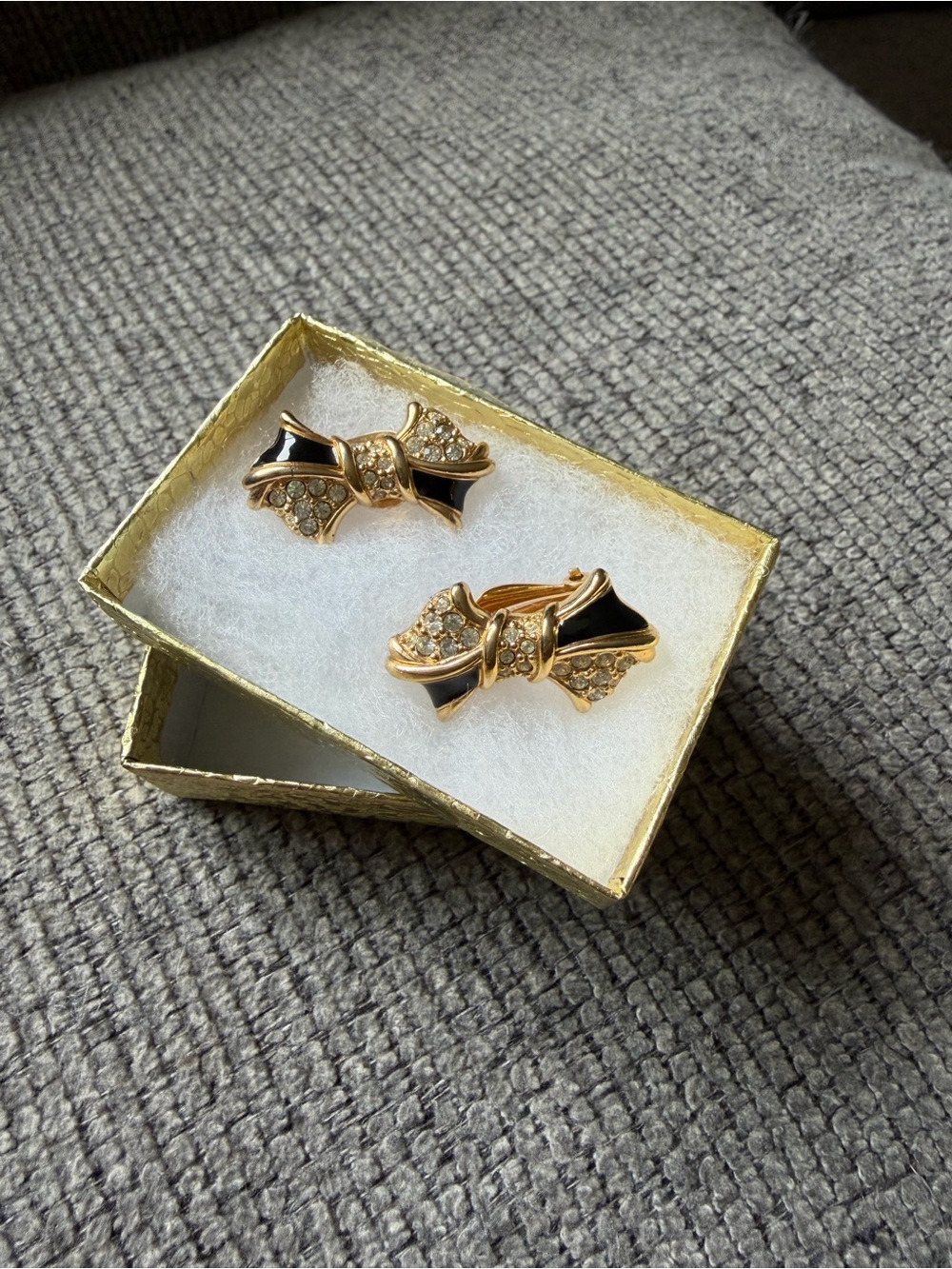 Gold-tone Black Enamel Bow Clip-on Earrings